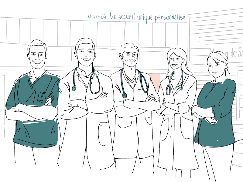 Illustration d'une équipe médicale devant une Maison de Santé Pluriprofessionnelle